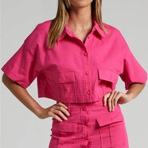 Showpo Hot Pink Collared Crop Cargo Shirt Cotton Barbiecore - US 6